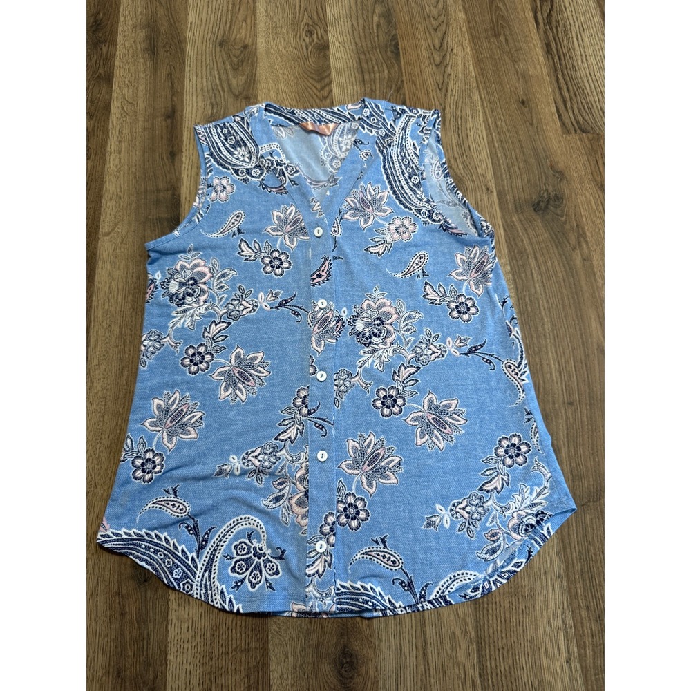 Amana Sleeveless Button Up Top Womens Small Blue Paisley Floral Casual Excellent